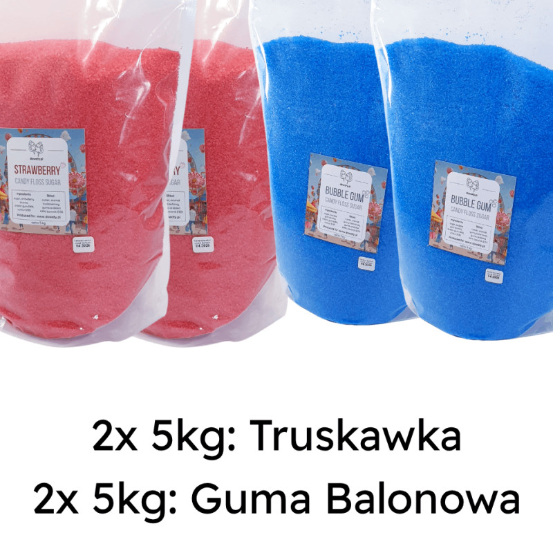 Cukier do waty cukrowej gradacja 1,6mm, zestaw 10kg guma balonowa + 10kg truskawka