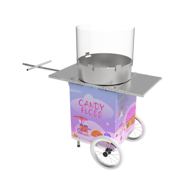 Maszyna do waty cukrowej w formie przyczepki rowerowej, fioletowa w jednorożce