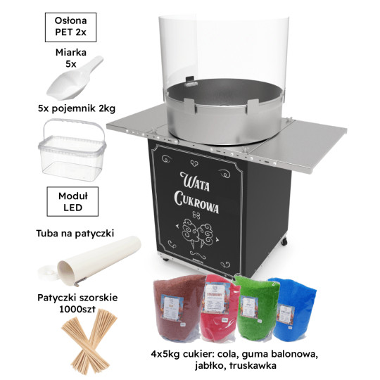 Zestaw startowy czarna maszyna do waty cukrowej szafka oraz akcesoria