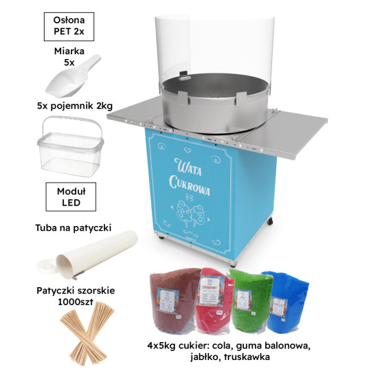 Niebieska maszyna do waty cukrowej szafka + akcesoria