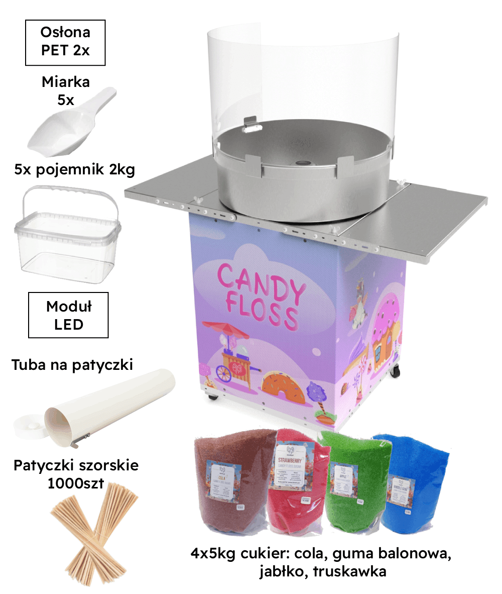 skład zestawu startowego maszyny szafka przedstawiony na obrazku, widoczna jest maszyna do waty cukrowej, 4 worki kolorowego cukru, patyczki do waty cukrowej, moduł oświetlenia, dodatkowa osłona PET, zestaw 5 pojemników i szufelek, tuba na patyczki