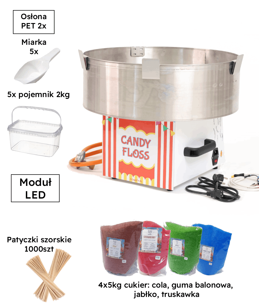 Zestaw startowy do produkcji waty cukrowej z maszyną gass floss pro, na zdjęciu widoczne elementy zestawu czyli maszyna, patyczki, kolorowy cukier, pojemnik, miarkę, napis osłona PET i moduł LED