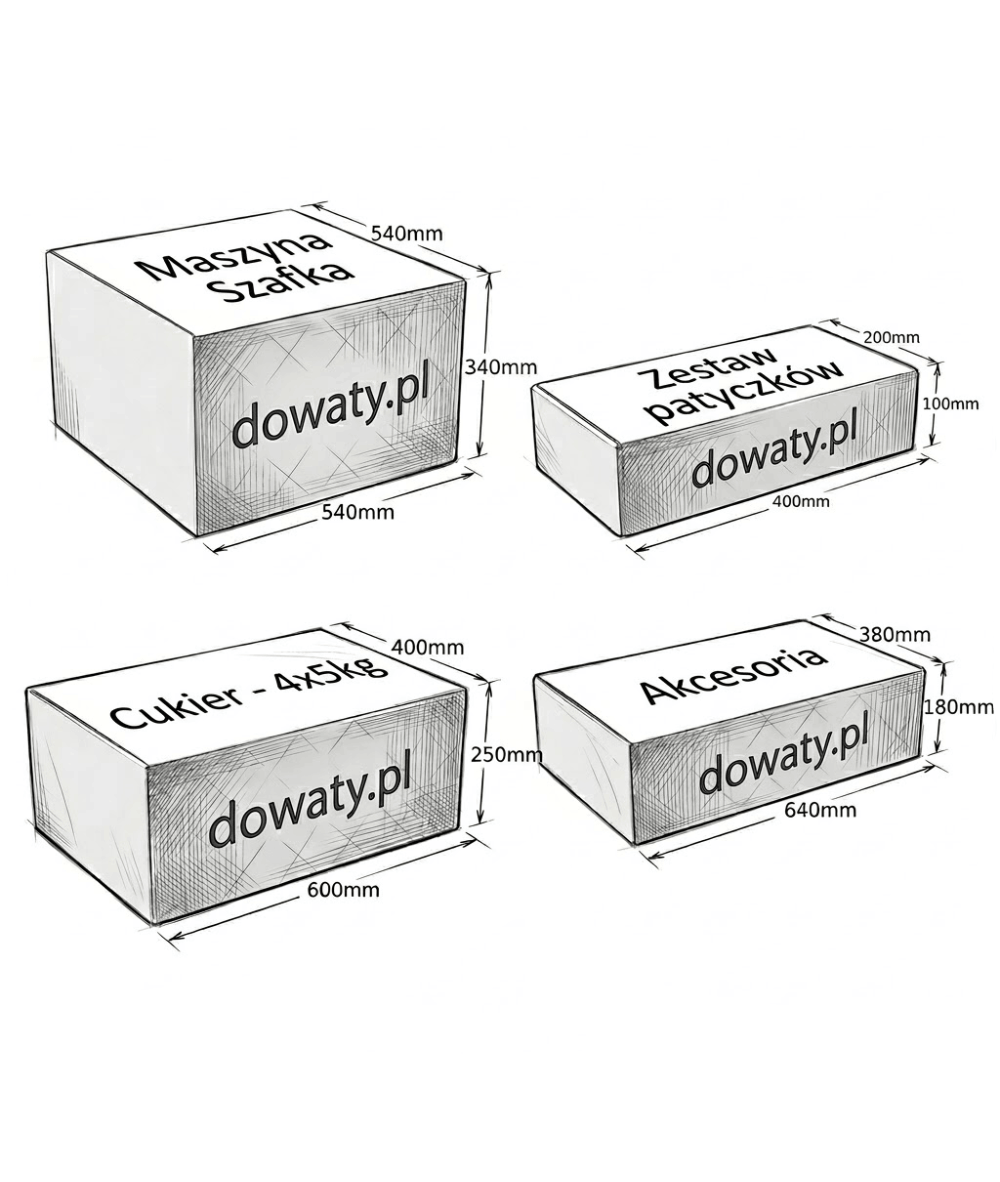 Paczki i zawartość zestawu startowego maszyny do waty cukrowej